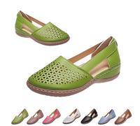 Womens Hollow Ballet Flats Casual Round Toe Low Heels Comfortable Vintage Leather Dress Shoes Walking Shoes Mary Janes 2025 (Green, 40)