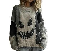 Women's Horror Halloween Spooky Face Stitched Cozy Knit Sweater Funny Top Casual Holiday Party Shirt, Halloween Shirts (Ash,TG)