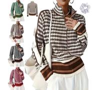 Women's Houndstooth Zip Up Knit Cardigan Long Sleeve Sweater Jacket | Vintage High Stand Collar Jacket Sweater with Striped Cuffs & Hem,Casual Fall Winter Striped Coat,for Office Daily Wear