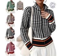 Women's Houndstooth Zip Up Knit Cardigan Long Sleeve Sweater Jacket | Vintage High Stand Collar Jacket Sweater with Striped Cuffs & Hem,Casual Fall Winter Striped Coat,for Office Daily Wear