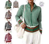Women's Houndstooth Zip Up Knit Cardigan Long Sleeve Sweater Jacket | Vintage High Stand Collar Jacket Sweater with Striped Cuffs & Hem,Casual Fall Winter Striped Coat,for Office Daily Wear