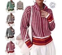 Women's Houndstooth Zip Up Knit Cardigan Long Sleeve Sweater Jacket | Vintage High Stand Collar Jacket Sweater with Striped Cuffs & Hem,Casual Fall Winter Striped Coat,for Office Daily Wear