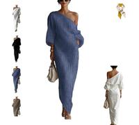 Women's Ivory White Cotton-Linen Blend One-Shoulder Flowing Maxi Dress,Elegant Lantern-Sleeve One-Shoulder Draped Dress (FR/ES, Alpha/Lettres, M, Taille Normale, Taille Normale, Blue)