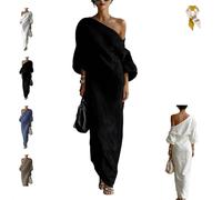 Women's Ivory White Cotton-Linen Blend One-Shoulder Flowing Maxi Dress,Elegant Lantern-Sleeve One-Shoulder Draped Dress (FR/ES, Alpha/Lettres, M, Taille Normale, Taille Normale, Black)