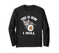 Womens Kawaii Kids How I Roll Sushi Gray Tabby Cat Lover Manche Longue