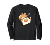 Womens Kids Kawaii Egg Toast Napping Orange Tabby Cat Lover Manche Longue