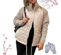 Women's Knit Patchwork Puffer Jacket,Warm Quilted Jacket with Adjustable Drawstring,Cozy Fall/Winter Outerwear (Khaki,X-Large)