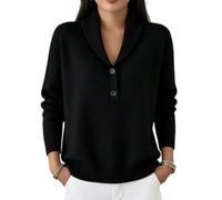 Womens Knit Pullover Sweater Shawl Collar Two Button Long Sleeve (Black,5TG)