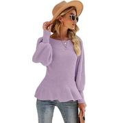 Womens Knit Ruffle Cinched Waist Sweater, Crew Neck Lantern Sleeve Peplum Ribbed Pullover Top, Slim Fit Fall Winter Knitwear