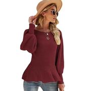 Womens Knit Ruffle Cinched Waist Sweater, Crew Neck Lantern Sleeve Peplum Ribbed Pullover Top, Slim Fit Fall Winter Knitwear