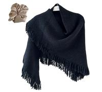 Women's Knit Shawl Wrap Triangle Scarf with Fringe Elegant Pashmina 2-in-1 Winter Warm Scarf Outerwear Accessory Soft (Black)