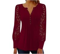 Womens Lace Sleeve Blouse Split V Neck Pleated Long Sleeve Top (Red,4TG)