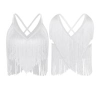 Womens Latin Cha-Cha Dance Performance Competition Costume V-Neck Sleeveless Crisscross Back Fringe Crop Top Salsa Rumba Samba(White,S)