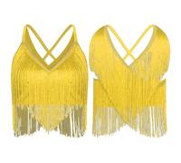 Womens Latin Cha-Cha Dance Performance Competition Costume V-Neck Sleeveless Crisscross Back Fringe Crop Top Salsa Rumba Samba(Yellow,M)