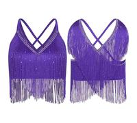 Womens Latin Cha-Cha Dance Performance Competition Costume V-Neck Sleeveless Crisscross Back Fringe Crop Top Salsa Rumba Samba(Purple,S)