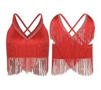 Womens Latin Cha-Cha Dance Performance Competition Costume V-Neck Sleeveless Crisscross Back Fringe Crop Top Salsa Rumba Samba(Red,M)