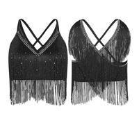 Womens Latin Cha-Cha Dance Performance Competition Costume V-Neck Sleeveless Crisscross Back Fringe Crop Top Salsa Rumba Samba(Black,XL)