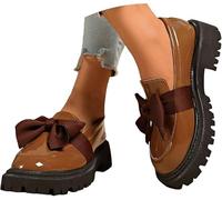 Women's Leather Bow Platform Loafers Chunky Lug Sole Slip on Shoes Trendy Solid Color Round Toe Casual Dressy Comfortable Lightweight Business Office Walking Shoes 2026 New (Brown,38)