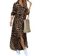Womens Leopard Print Maxi Shirt Dress Button Front Slit (Brown,4TG)