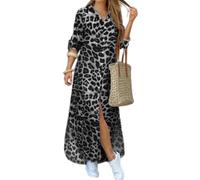 Womens Leopard Print Maxi Shirt Dress Button Front Slit (Gray,S)