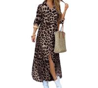 Womens Leopard Print Maxi Shirt Dress Button Front Slit (Khaki,M)