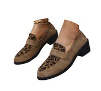 Women's Leopard-Print Suede Block-Heel Loafers, Comfortable Suede Round Toe Slip-on Penny Loafer Elegant Wide Office Shoes (Khaki,38)