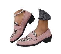 Women's Leopard-Print Suede Block-Heel Loafers, Comfortable Suede Round Toe Slip-on Penny Loafer Elegant Wide Office Shoes (Pink,39)