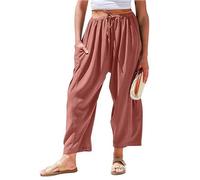 Women's Linen Wide Leg Pants with Pockets, Pant Solid Color Drawstring Elastic Waist Trousers (Brick Red,TTG)