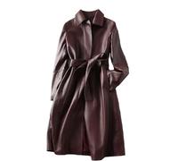 Women's Long Loose Faux Leather Jacket, Womens Mid Length Jackets, Lapel Button Trench Coat Long Sleeve Windbreaker(Claret,L)