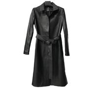 Women's Long Loose Faux Leather Jacket, Womens Mid Length Jackets, Lapel Button Trench Coat Long Sleeve Windbreaker(Le noir,L)
