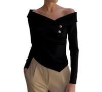 Womens Long Sleeve Blouse Off Shoulder Dressy Work Top Asymmetrical Hem (Black,TG)