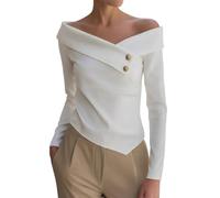 Womens Long Sleeve Blouse Off Shoulder Dressy Work Top Asymmetrical Hem (White,Grand)