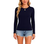 Womens Long Sleeve Crew Neck T Shirt Slim Fit Basic Top Soft Stretchy Ribbed Knit Tee Casual Spring Fall Layering Undershirt Light Blue