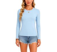 Womens Long Sleeve Crew Neck T Shirt Slim Fit Basic Top Soft Stretchy Ribbed Knit Tee Casual Spring Fall Layering Undershirt Light Blue