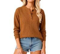 Women's Long Sleeve Henley Shirt Waffle Knit Top Casual V Neck Pullover Fall Winter Basic Tee Loose Fit Sweater for Daily Wear and Lounge