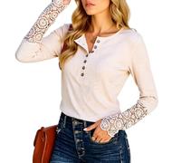 Women's Long Sleeve Henley Top with Elegant Lace Crochet Sleeves Casual Waffle Knit Button Shirt Solid Blouse for Spring Fall Daily Wear Fashion