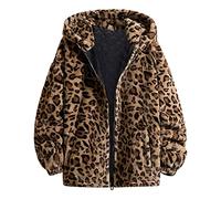 Womens Long Sleeve Leopard Fuzzy Fleece Zipper Hooded Jacket Coats Outerwear with Pocket Gants Polaire (D, XXL)