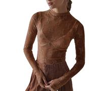 Women's Long Sleeve Round Neck Top Lace Blouse Casual Shirt Elegant Clothing Sexy See Through Wedding Floral Tops Sheer Long-Sleeved Chic Transparent FêTe éLéGante Clubwear Dentelle Blouses