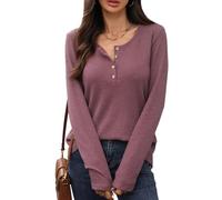 Womens Long Sleeve Shirts Waffle Knit Button Crew Neck Loose Fit Tops | Textured Knit Surface Relaxed Silhouette Easy Layering Side Slit Hem Everyday Styling With Jeans Or Casual Pants