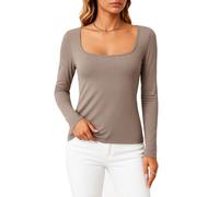 Women's Long Sleeve Square Neck Top Slim Fit Ribbed Knit Basic Tee Solid Color Casual Fall Winter Layering Shirt Soft Stretchy Undershirt Daily