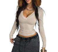 Womens Long Sleeve Tops Ribbed Knit V Neck Fitted Shirt (Apricot,S)