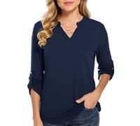 Women's Long Sleeve V Neck Tops Casual 3/4 Roll Tab Sleeve Tunic Blouse Soft Stretchy Basic Tee Shirt Spring Fall Fashion Outfits Loose Fit Curved Hem Elegant Daily Wear Top for Women