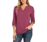 Women's Long Sleeve V Neck Tops Casual 3/4 Roll Tab Sleeve Tunic Blouse Soft Stretchy Basic Tee Shirt Spring Fall Fashion Outfits Loose Fit Curved Hem Elegant Daily Wear Top for Women