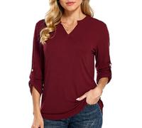 Women's Long Sleeve V Neck Tops Casual 3/4 Roll Tab Sleeve Tunic Blouse Soft Stretchy Basic Tee Shirt Spring Fall Fashion Outfits Loose Fit Curved Hem Elegant Daily Wear Top for Women