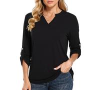 Women's Long Sleeve V Neck Tops Casual 3/4 Roll Tab Sleeve Tunic Blouse Soft Stretchy Basic Tee Shirt Spring Fall Fashion Outfits Loose Fit Curved Hem Elegant Daily Wear Top for Women
