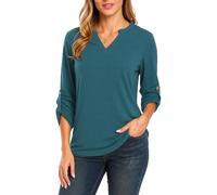Women's Long Sleeve V Neck Tops Casual 3/4 Roll Tab Sleeve Tunic Blouse Soft Stretchy Basic Tee Shirt Spring Fall Fashion Outfits Loose Fit Curved Hem Elegant Daily Wear Top for Women