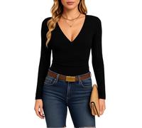 Women's Long Sleeve V Neck Wrap Top Slim Fit Perforated Knit Blouse Casual Elegant Cross Front Tunic Shirt for Spring Summer Fall Fashion
