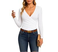 Women's Long Sleeve V Neck Wrap Top Slim Fit Perforated Knit Blouse Casual Elegant Cross Front Tunic Shirt for Spring Summer Fall Fashion