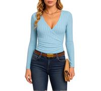 Women's Long Sleeve V Neck Wrap Top Slim Fit Perforated Knit Blouse Casual Elegant Cross Front Tunic Shirt for Spring Summer Fall Fashion