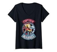 Womens Marvel Captain Marvel Badge Neon Patch Logo V-Neck T-Shirt